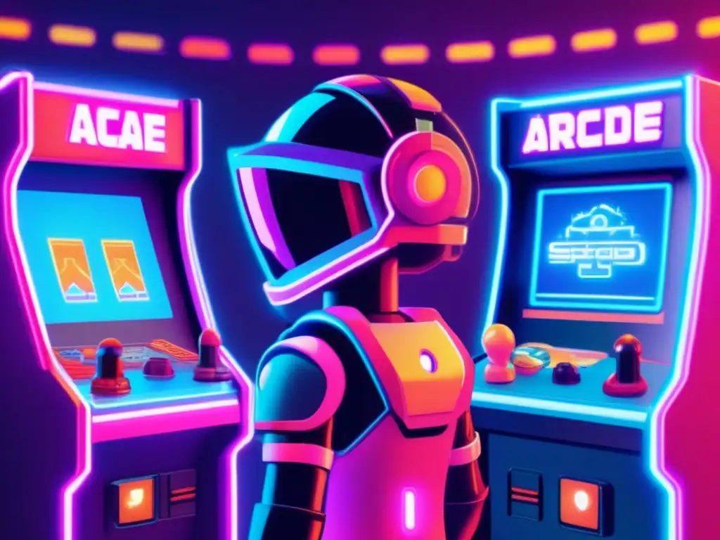Una máquina arcade vintage con un personaje de IA futurista controlando el juego, rodeada de luces de neón retro y gráficos pixelados, mostrando la influencia de la inteligencia artificial en el desarrollo de videojuegos. La presencia de la IA añade un giro moderno y reflexivo, reflejando la