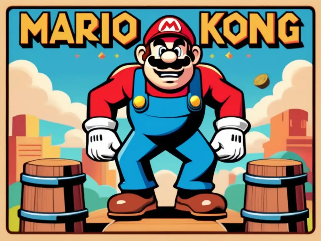 Mario victorioso sobre un barril, Donkey Kong al fondo. <b>Detalles vintage, colores vibrantes.</b> Evolución cultural de los juegos de Mario.