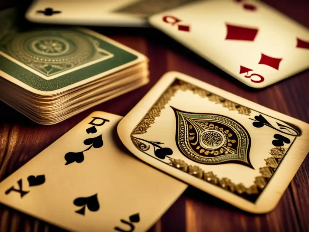 Un mazo de cartas vintage descansando en una mesa de caoba, iluminado por una luz cálida. Detalles envejecidos y patrones ornamentales evocan la tradición atemporal y la contemplativa diversión de los juegos de cartas.