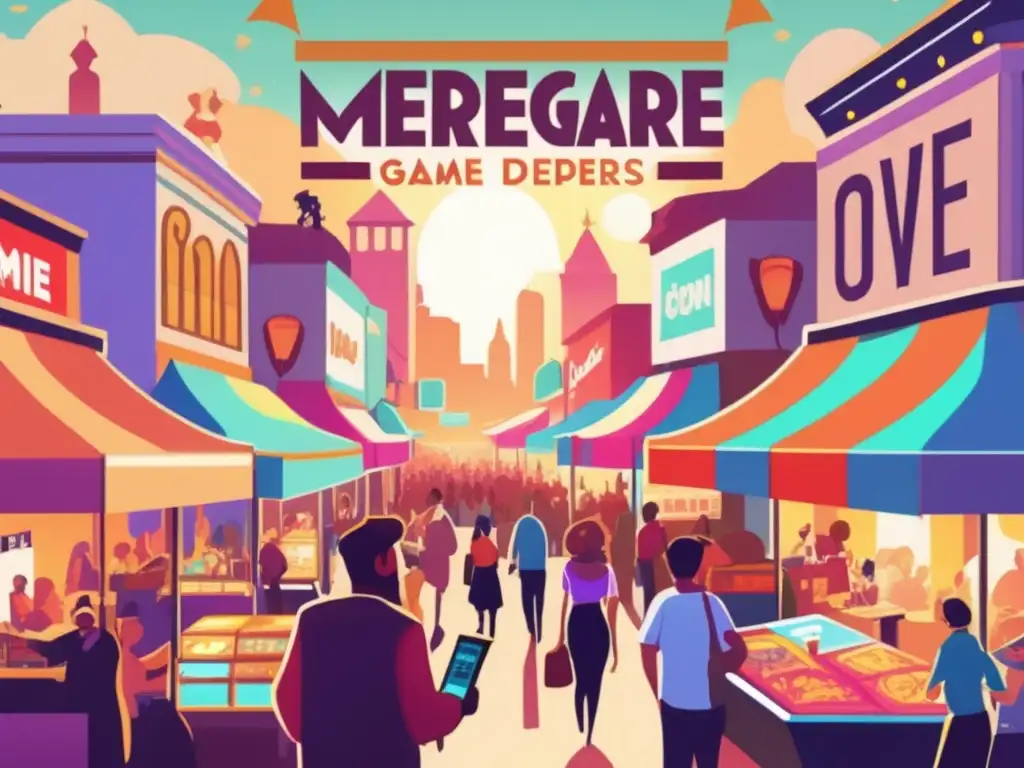 Un mercado bullicioso y colorido donde destacan las estrategias de marketing indie para juegos, con un ambiente creativo y energético.