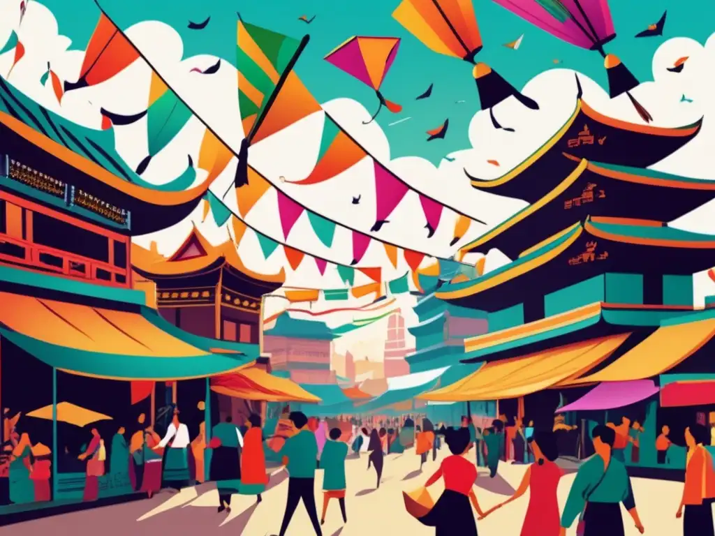 Un mercado bullicioso en Asia, con cometas coloridas y símbolos tradicionales en el cielo. <b>Simbolismo juegos cometas Asia.