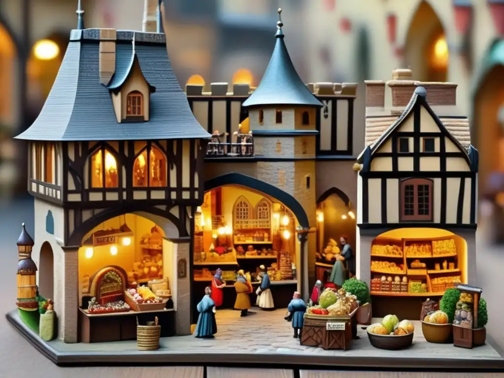 Un mercado medieval en miniatura con una atmósfera animada y detallada. <b>Construcción maquetas juegos dioramas.