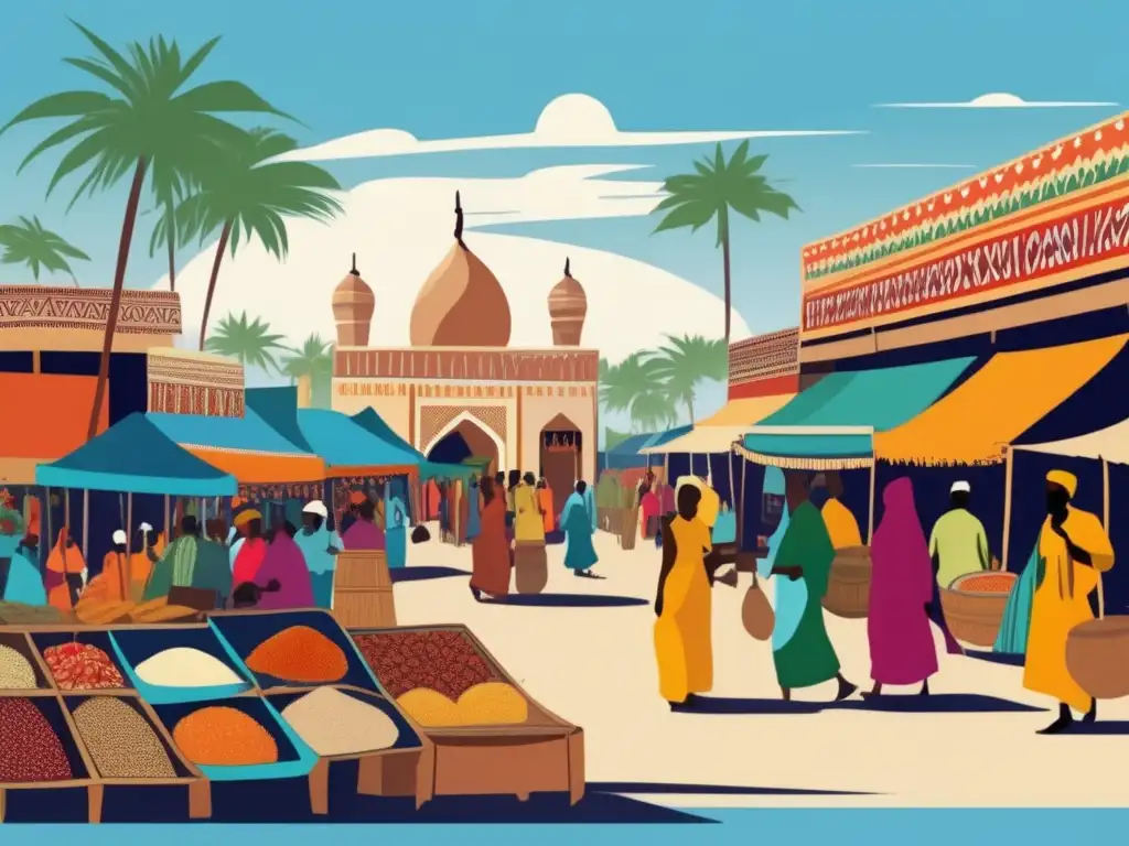 Un mercado somalí tradicional rebosante de vida, con puestos de madera y gente vestida con atuendos coloridos. <b>Influencia cultural del ajedrez somalí.