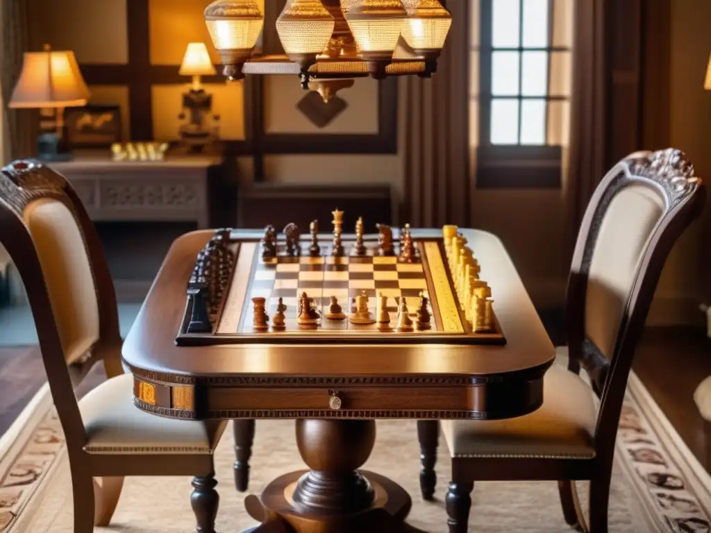 Una mesa de juegos vintage con ajedrez, damas y backgammon, rodeada de sillas antiguas de madera.</b> <b>La luz cálida resalta los detalles de los juegos y la mesa.