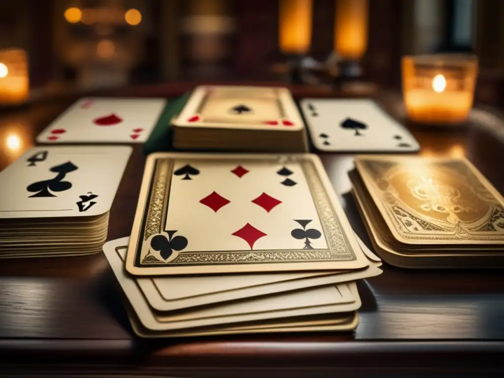Una mesa antigua de juegos de cartas con naipes vintage desplegados, mostrando diseños intrincados y bordes desgastados. <b>La mesa está en una habitación ornamentada, iluminada suavemente por la luz que entra por la ventana, creando un ambiente cálido y nostálgico.</b> Juegos de cartas