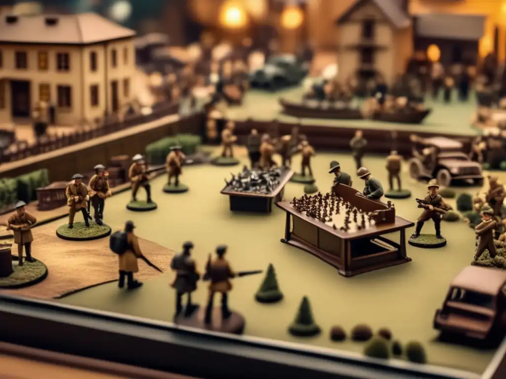 Una mesa de wargaming vintage llena de miniaturas detalladas y jugadores entusiastas, evocando la historia y cultura de los wargames.