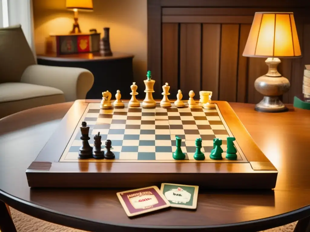 Una mesa de madera vintage con juegos de mesa como ajedrez, Monopoly, Scrabble y Los Colonos de Catan. <b>La cálida luz de una lámpara crea un ambiente acogedor y atractivo.</b> Los bordes desgastados y las piezas detalladas evocan la nostalgia y el enduring appeal de los juegos