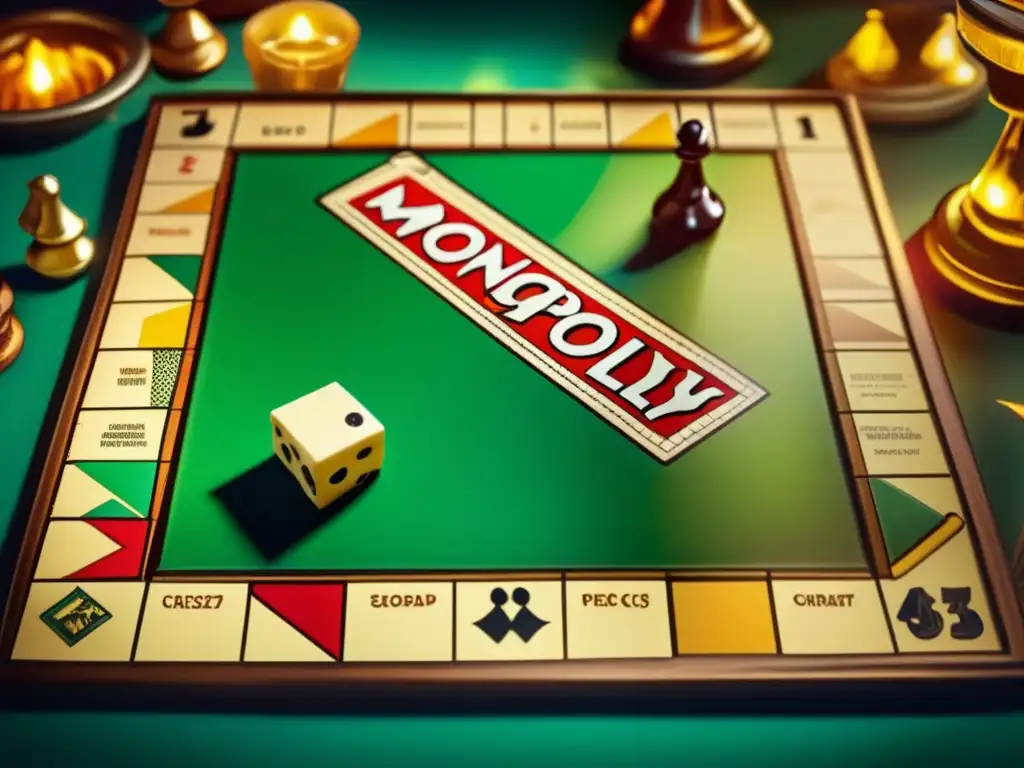 Una mesa de juegos vintage con Monopoly, Scrabble y ajedrez. Detalles coloridos y cálidos evocan el impacto cultural de los juegos de mesa.