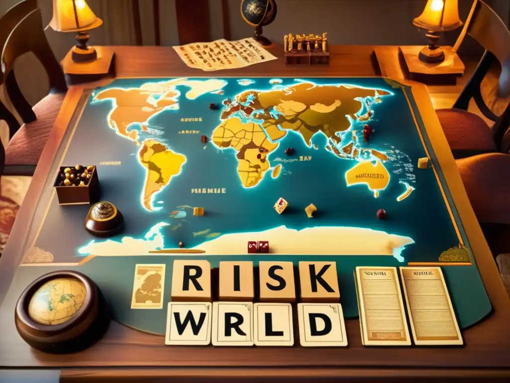 En una mesa vintage de juegos, una partida de Risk evoca el impacto cultural de los juegos de estrategia global en la era de la Guerra Fría, iluminada por una cálida luz dorada.