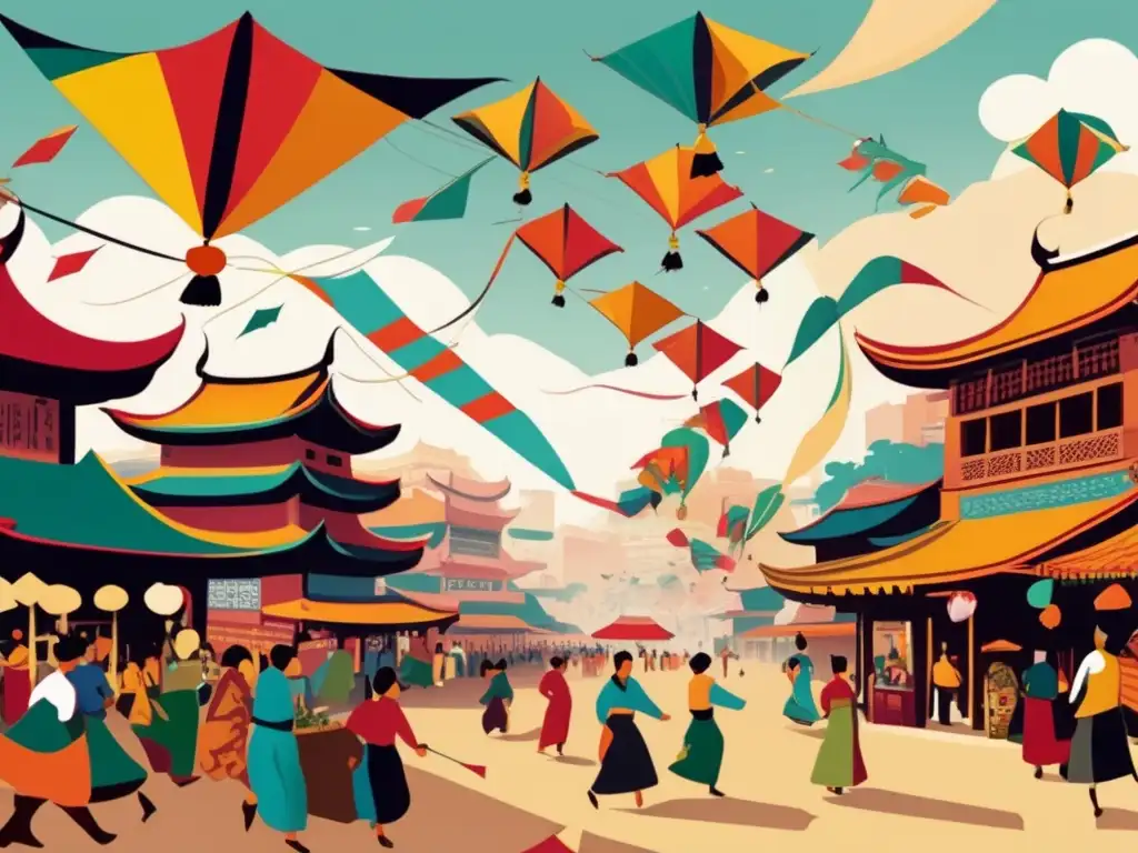 Metamorfosis del Kite Fighting en Asia: Ilustración vintage de un bullicioso mercado asiático con coloridos barriletes en el cielo.