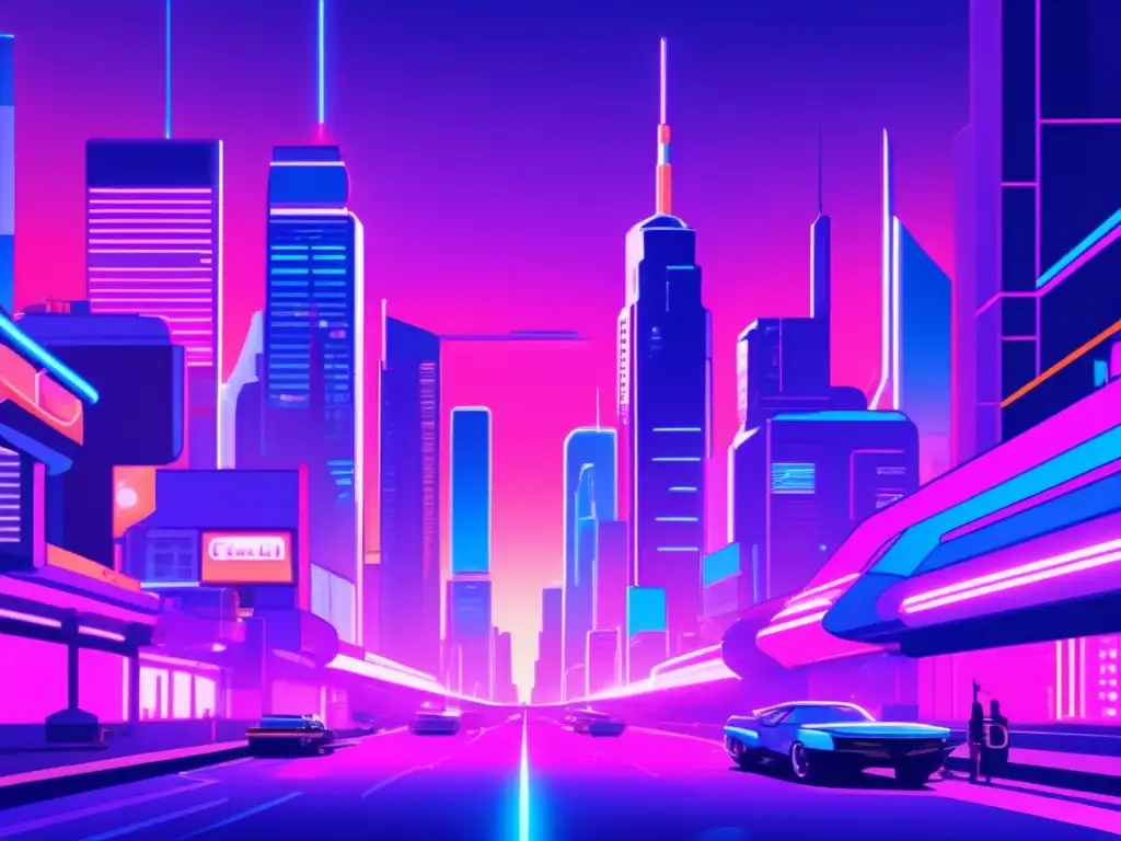 Una ilustración vintage de una metrópolis futurista con rascacielos adornados con letreros de neón, calles llenas de tecnología avanzada y personajes inspirados en anime. La paleta de colores es rica y vibrante, con tonos morados, rosas brillantes y azules eléct