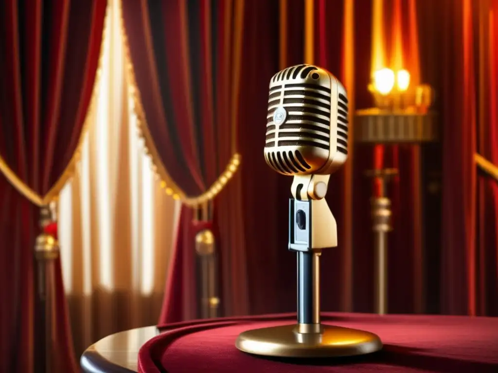 Un micrófono vintage con detalles de latón y un soporte envejecido, frente a cortinas de terciopelo rojo.</b> <b>La cálida luz del escenario ilumina el micrófono, creando un ambiente nostálgico y evocador de la música en vivo.</b> Composición de bandas sonoras juegos rol
