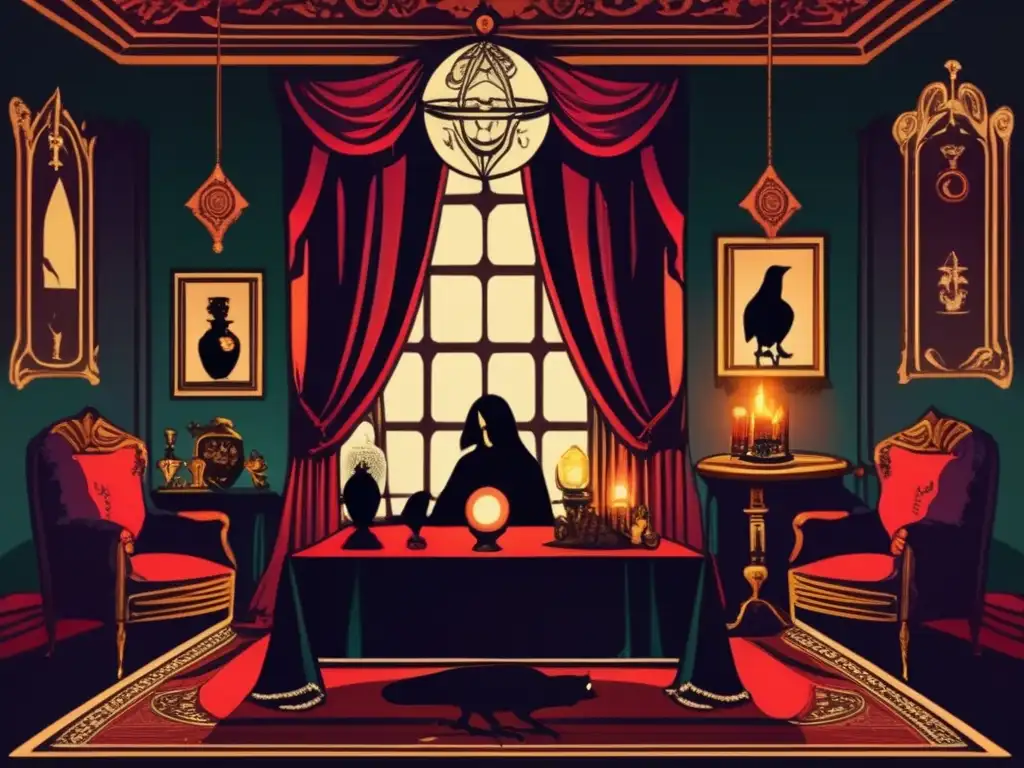 En la misteriosa sala gótica, un personaje lee el tarot junto a una bola de cristal. <b>Simbolismo juegos adivinación literatura gótica.