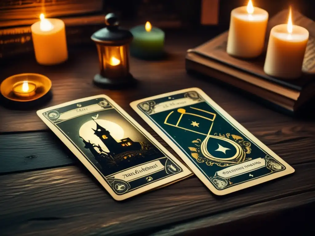 Un misterioso y antiguo tirada de tarot en una mesa de madera oscura, iluminada por velas, rodeada de libros polvorientos. <b>Simbolismo juegos adivinación literatura gótica.