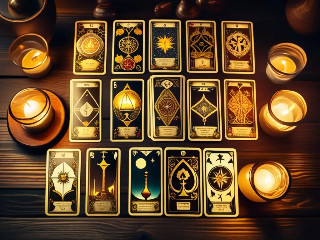 Un misterioso y tradicional montón de cartas de tarot, con detalles simbólicos y colores desgastados. <b>Simbolismo y tradición en naipes.