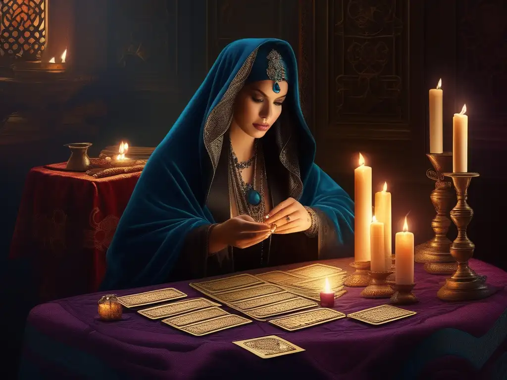 Una mística adivina rodeada de velas y cartas del tarot en un ambiente misterioso, evocando el simbolismo y la adivinación en la literatura gótica.