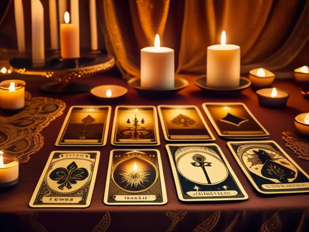 Una mística tirada de cartas del tarot vintage en una mesa de terciopelo con luz de velas, evocando antigua sabiduría. <b>Juegos de cartas y tarot.