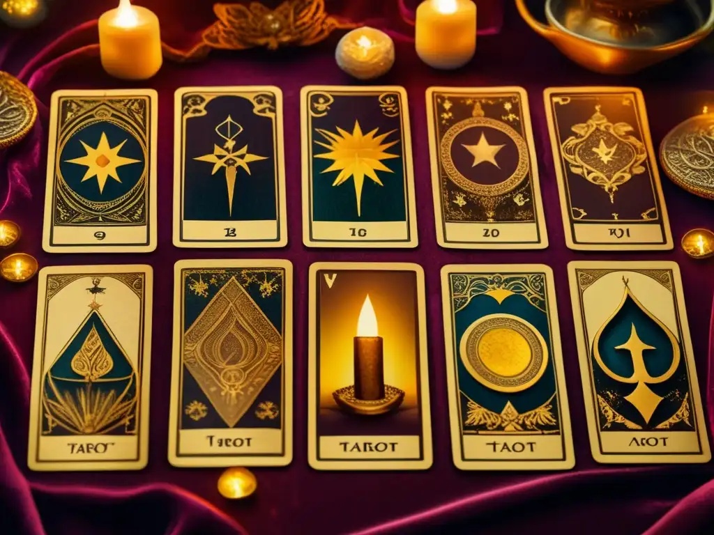 Un místico y envejecido juego de cartas y tarot, con imágenes intrincadas y detalles en oro desgastado, sobre un mantel de terciopelo.