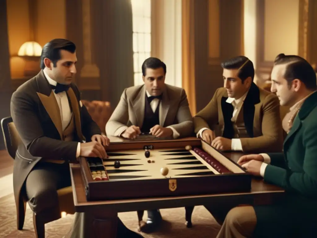 Un momento nostálgico: en una escena histórica americana, un grupo juega backgammon, evocando el desarrollo histórico del backgammon en América.