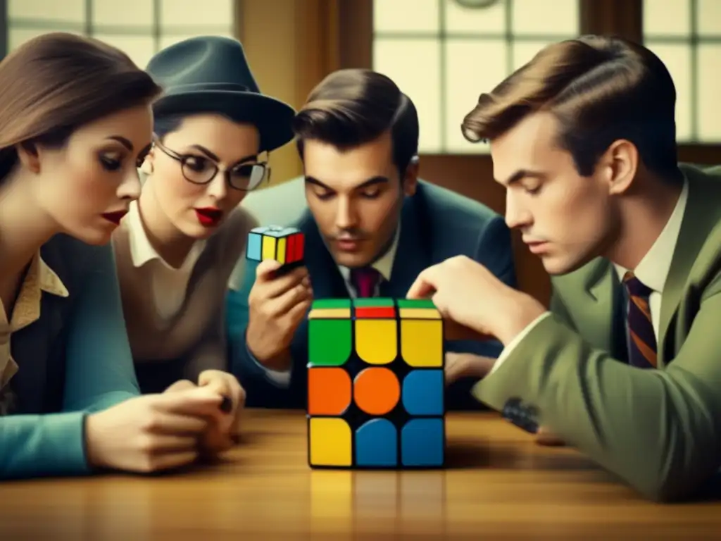 Un momento nostálgico: personas concentradas resolviendo un Rubik's Cube vintage, capturando el impacto cultural del puzzle de Rubik.