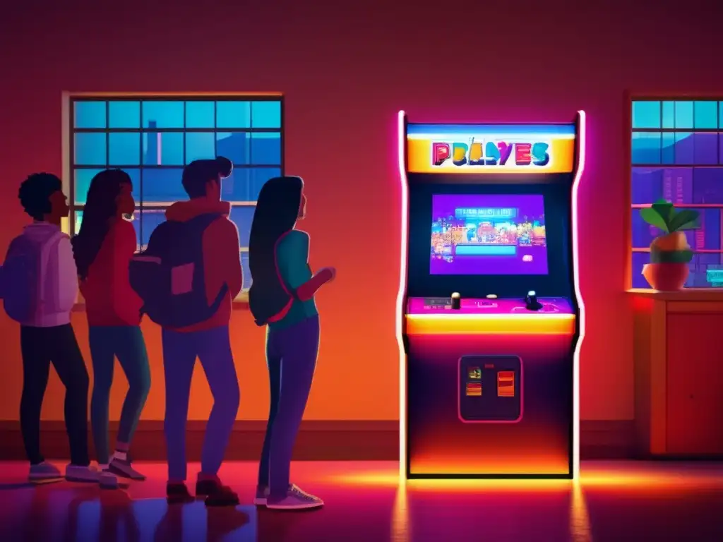 Un momento de pura emoción y camaradería en torno a un clásico arcade, capturando el impacto cultural de los juegos.