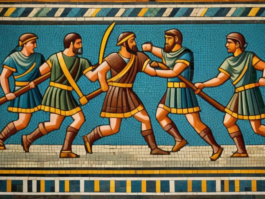 Un mosaico romano bien conservado en las ruinas del Coliseo, capturando la intensidad de los juegos romanos en una obra de arte vibrante y detallada.