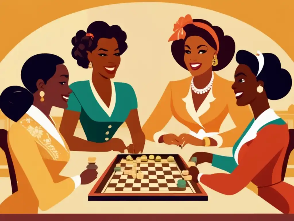 Un ilustración vintage de mujeres diversas jugando juegos de mesa, mostrando camaradería y espíritu competitivo. <b>Mujeres en juegos de mesa.