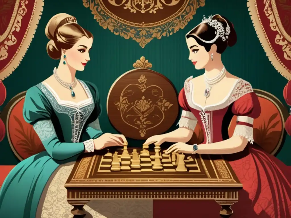 Dos mujeres elegantes juegan damas en un escenario opulento de la Europa histórica, reflejando concentración e intelecto.