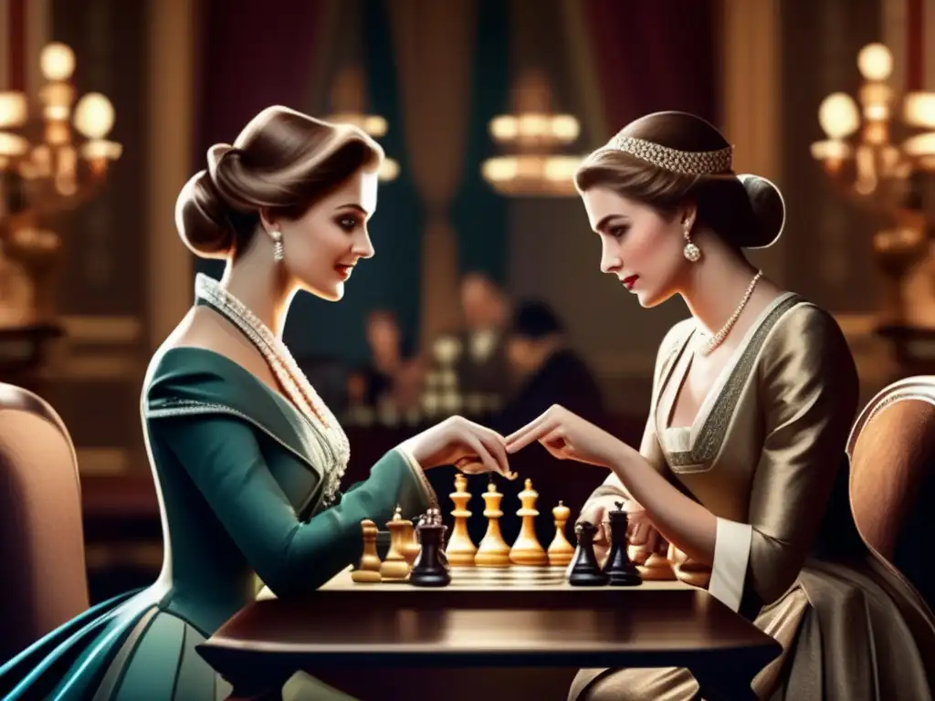 Dos mujeres elegantemente vestidas juegan ajedrez en un entorno sofisticado y ornamental, con expresiones concentradas y gestos estratégicos. La habitación está decorada con muebles antiguos y una iluminación suave, exudando una atmósfera de refinamiento intelectual y elegancia atemporal.
