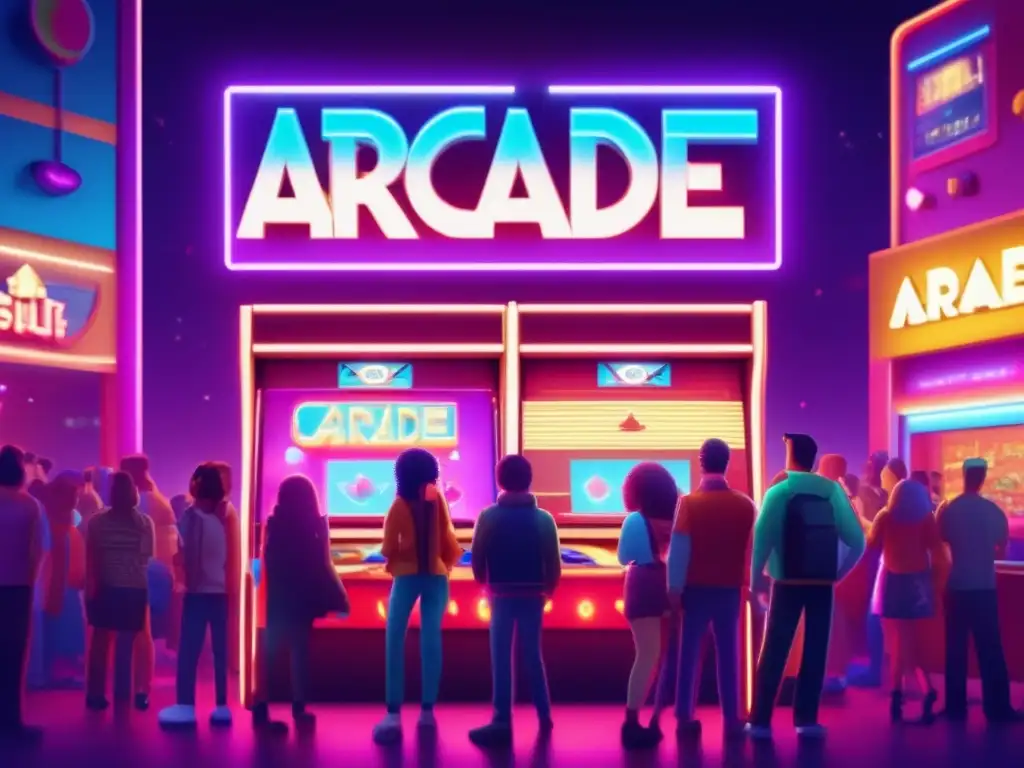 Una multitud diversa rodea una máquina arcade vintage con luces de neón brillantes, mostrando un juego indie retro. <b>Democratización del juego indie.