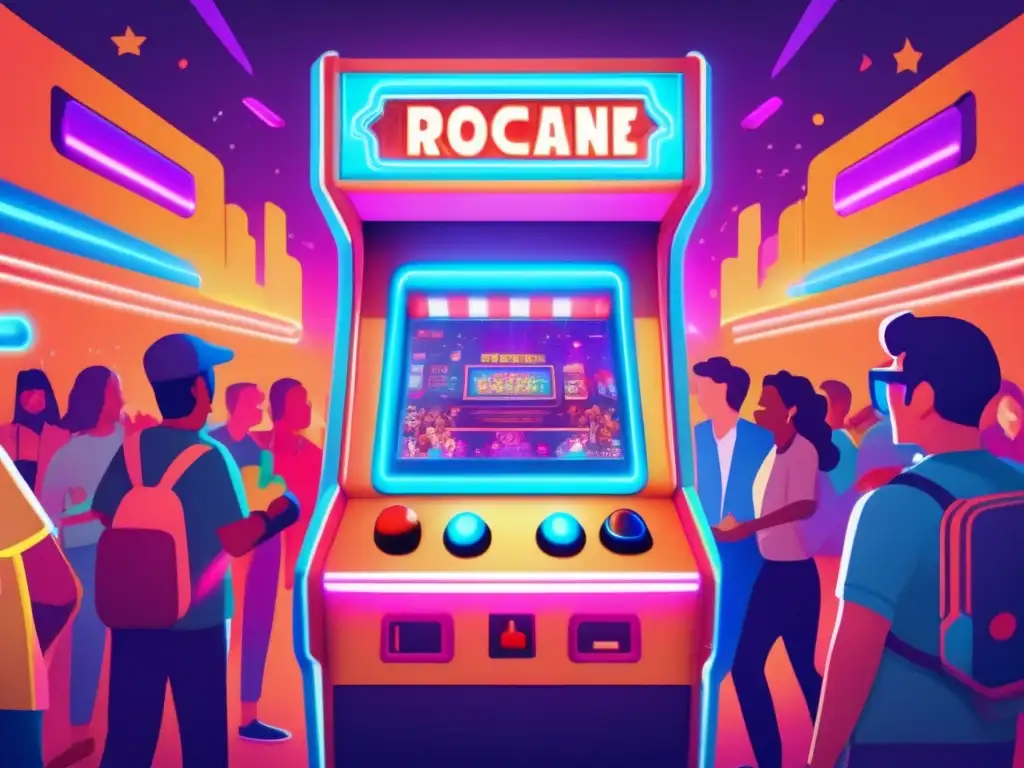 Multitud emocionada disfrutando de la máquina arcade retrofuturista