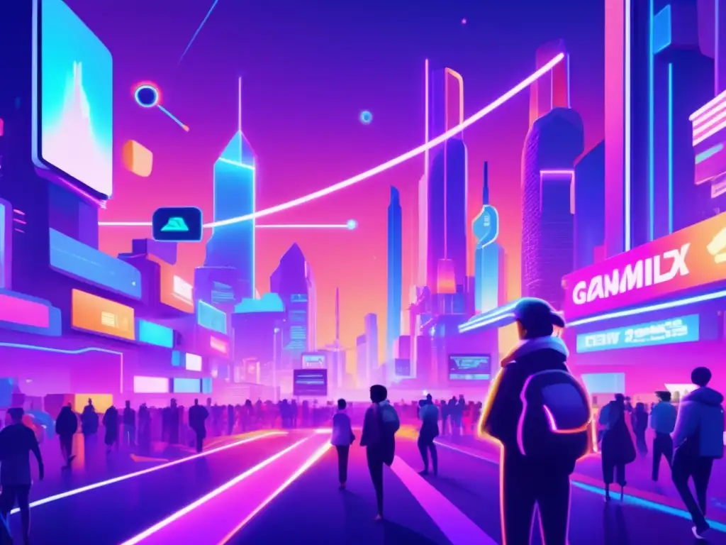 En un mundo futurista de juegos blockchain, avatares compiten en desafíos, rodeados de neones y datos. <b>Modelos de recompensas en juegos Blockchain.