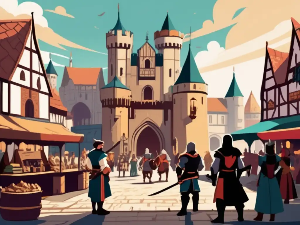Un mundo medieval bullicioso con aventureros, un castillo al fondo y una paleta cálida. <b>Diseño gráfico en juegos de rol.