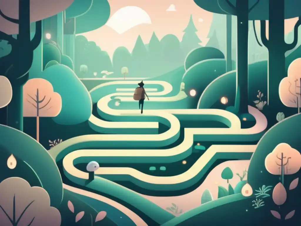 Explora un mundo minimalista y sereno de juegos indie mecánicas minimalistas, con un bosque tranquilo y personaje en laberinto.