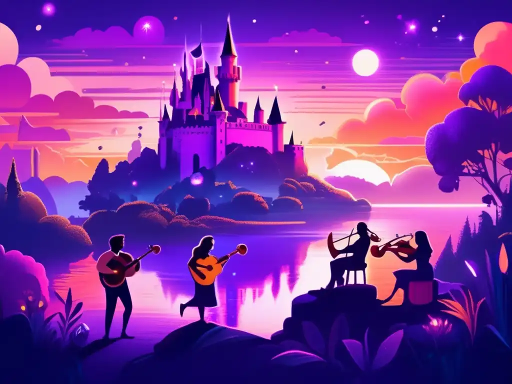 Un mundo de fantasía con músicos, castillos y seres míticos en un atardecer mágico. <b>Música en juegos de fantasía.