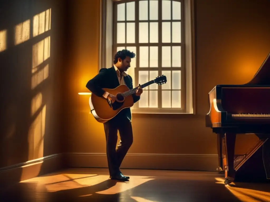 Un músico toca la guitarra en una habitación con luz dorada, rodeado de instrumentos. <b>Impacto cultural música juegos narrativos.