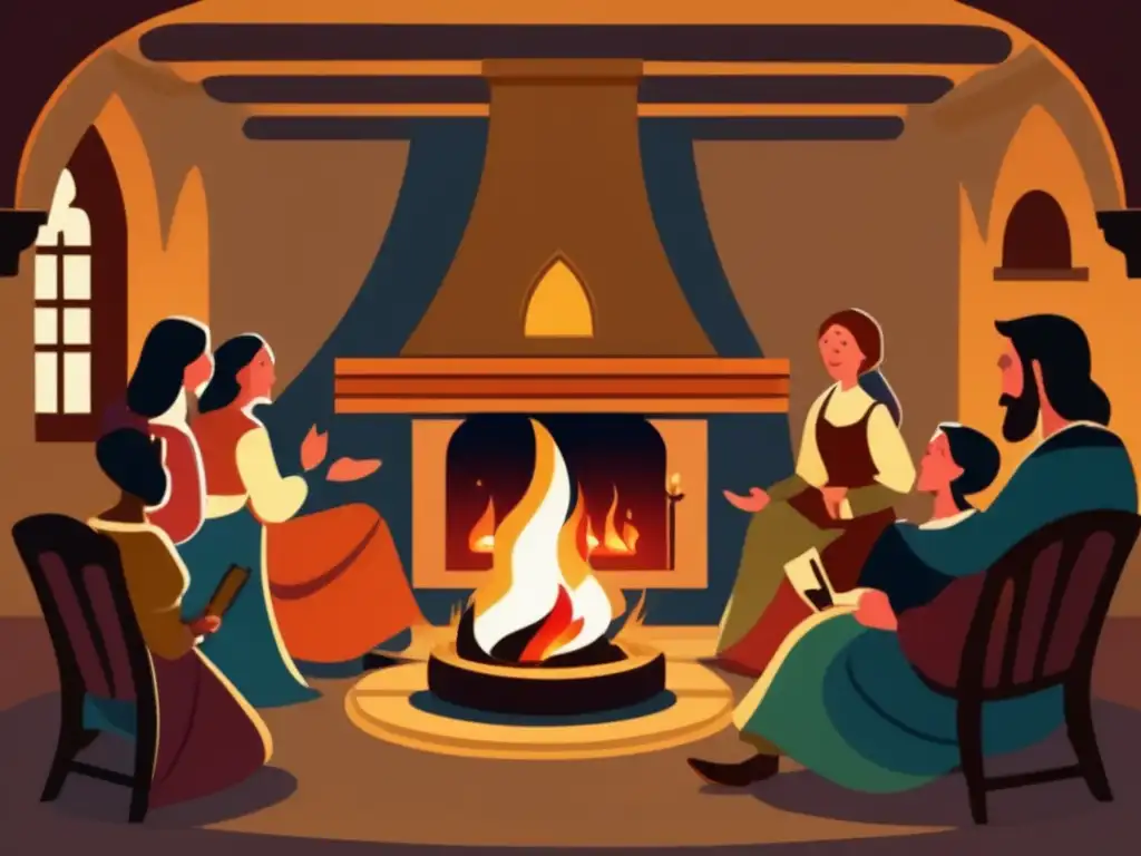 Un narrador medieval cautiva a su audiencia junto a una cálida chimenea. El impacto cultural de Dragon Age cobra vida en esta ilustración vintage.
