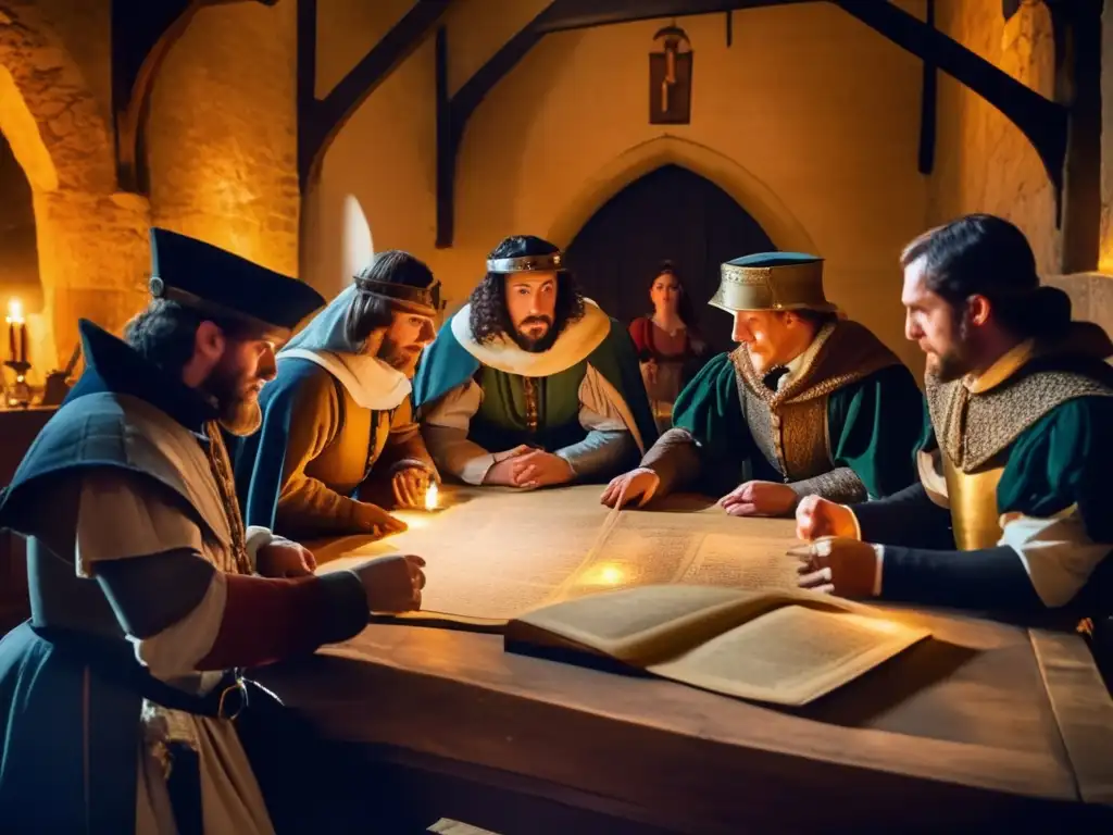 Narrativa de juegos de rol históricos: Reenactores medievales discuten en una sala iluminada por antorchas, rodeados de mapas y artefactos antiguos. <b>El ambiente evoca misterio y autenticidad histórica.