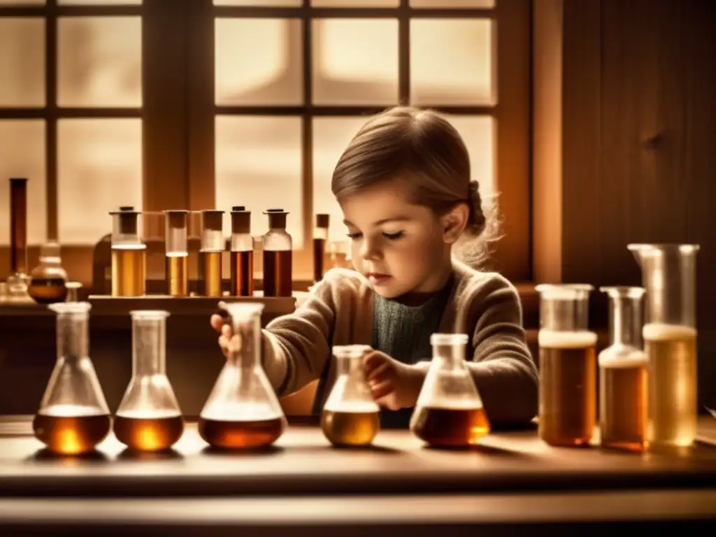 'Un niño realiza experimentos interactivos para despertar curiosidad en un laboratorio vintage.'