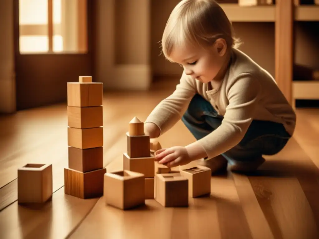 Un niño construye una torre con bloques de madera, evocando la importancia histórica de los juegos de construcción en la infancia.