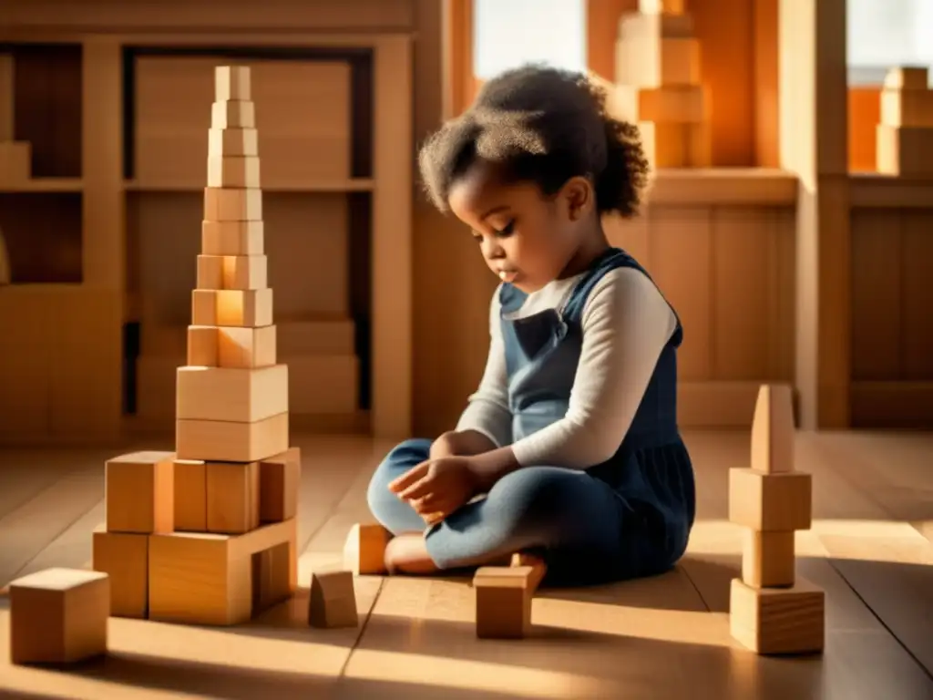 Un niño construye una torre con bloques de madera, sumergido en un juego creativo. <b>La luz natural realza la escena, destacando la importancia de los juegos de construcción.