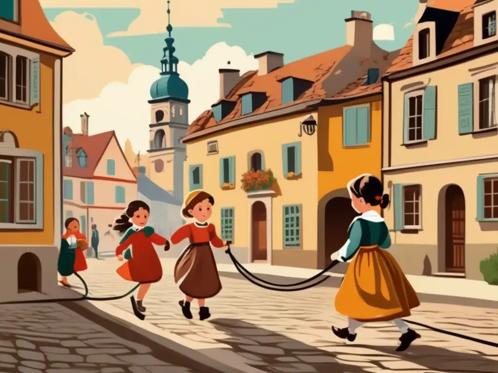 Niños juegan con la comba en una calle de adoquines, rodeados de edificios antiguos. La escena transmite alegría y evoca la historia del juego de la comba en la cultura europea del siglo XIX.