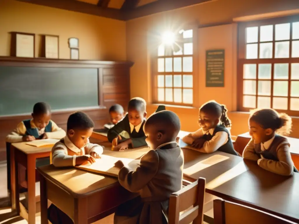 Juegos educativos en aula vintage: niños inmersos en el aprendizaje