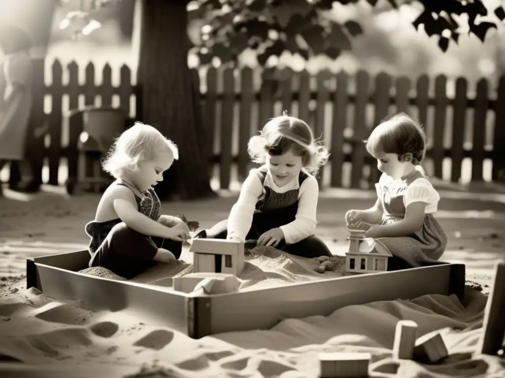 Juego creativo de niños en caja de arena con juguetes vintage