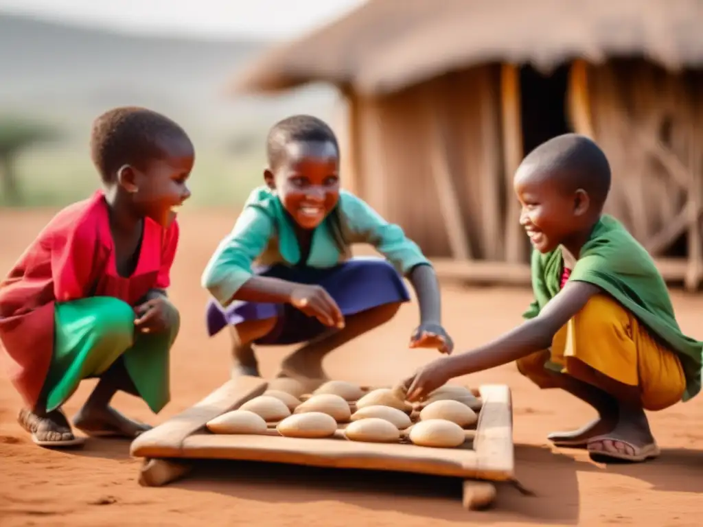 Niños disfrutan de un juego tradicional de Tanzania, Bao, en una aldea rural al atardecer. <b>La alegría y los colores llenan la escena.