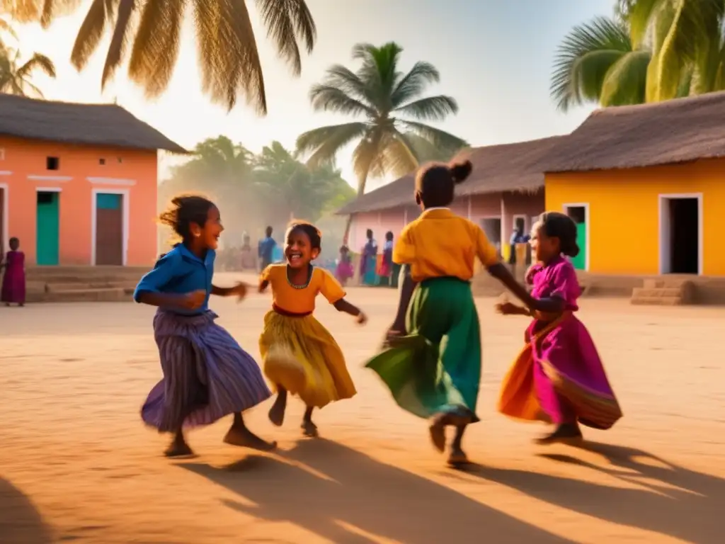 Niños disfrutan de la tradición del juego del trompo en una plaza polvorienta rodeada de edificios coloniales y altas palmeras. <b>Sus risas y competencias llenan de vida el lugar, mientras los trompos giran creando destellos de color.</b> <b>Los ancianos observan con orgullo y nostalgia.