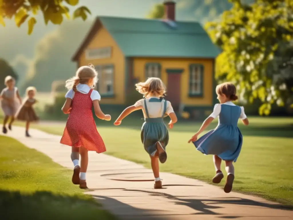 Niños disfrutan juegos al aire libre en un ambiente nostálgico, transmitiendo alegría y comunidad. <b>Impacto cultural juegos aire libre.