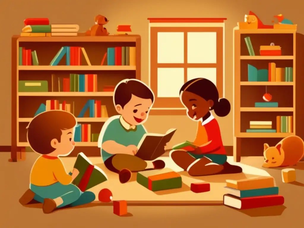 Juegos educativos: Niños felices aprendiendo Niños disfrutan de juegos educativos en una aula vintage, reflejando el impacto de los juegos en el desarrollo cognitivo.