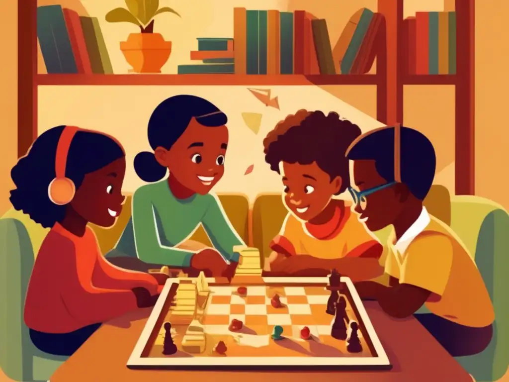 Niños disfrutando juegos de mesa en sala acogedora