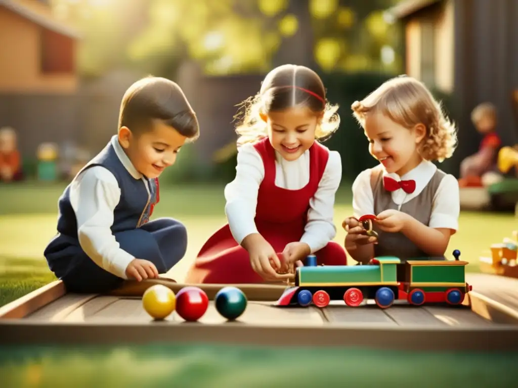 Niños jugando en un patio soleado con juguetes clásicos, evocando el impacto cultural de los juegos tradicionales.